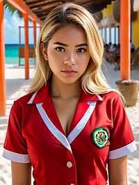 A 19 year old Mexican girl in a red school uniform has green eyes and a large butt