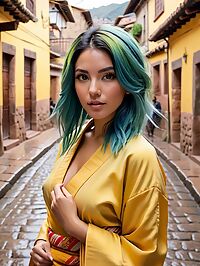 A 28 year old hispanic woman with messy blue hair and huge breasts in Cusco Peru after sex