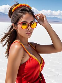 A sultry 31 year old Cuban woman models her red dress on the gleaming white salt flats