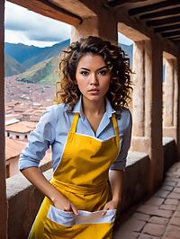 A 26 year old brunette Mexican woman with curly hair and green eyes poses in Cusco